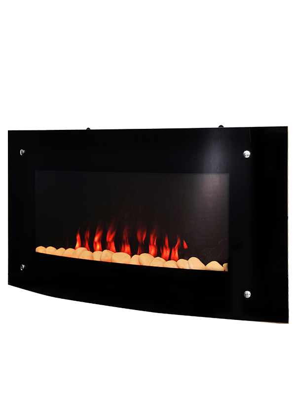 36” Curved glass wall hang style electric fireplace, Modern LED effect flame room heater
