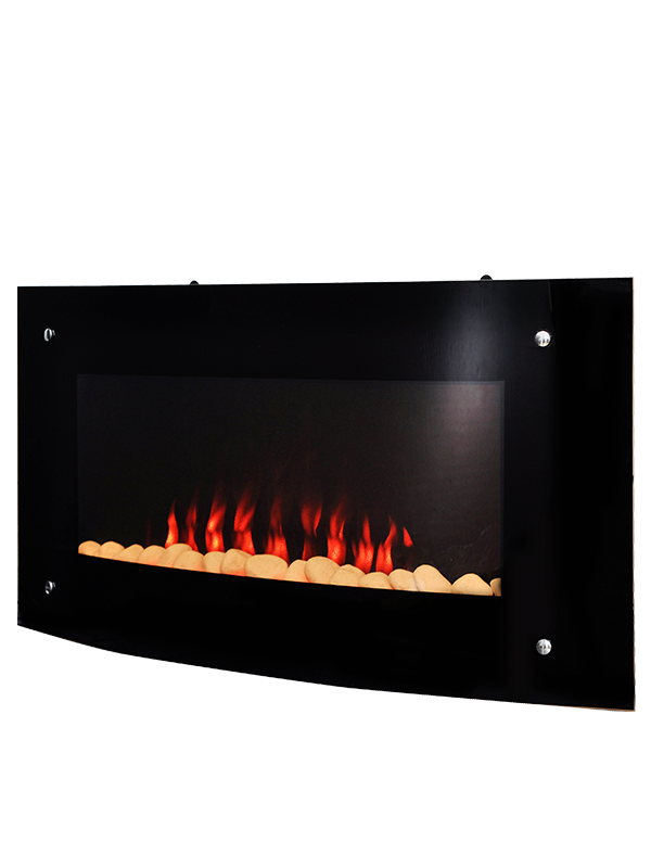 36” Curved glass wall hang style electric fireplace, Modern LED effect flame room heater
