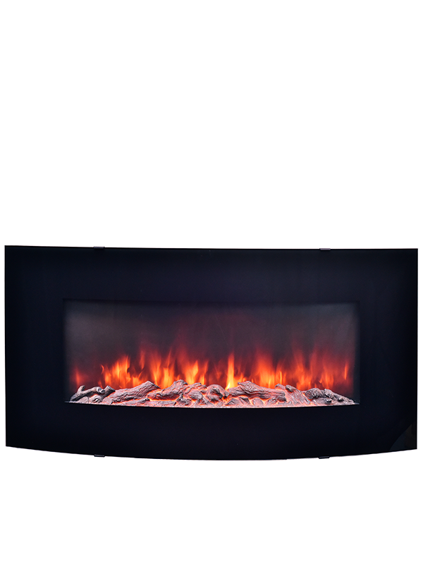 36” Curved glass wall hang style electric fireplace, Modern LED effect flame room heater