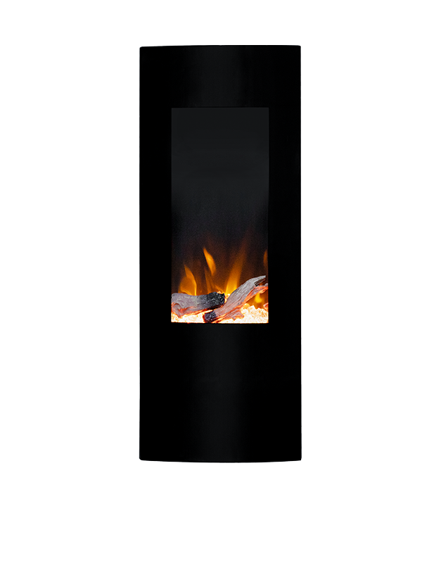Curved glass front wall hang electric fireplace, vertical front glass for free standing or wall-mounted 